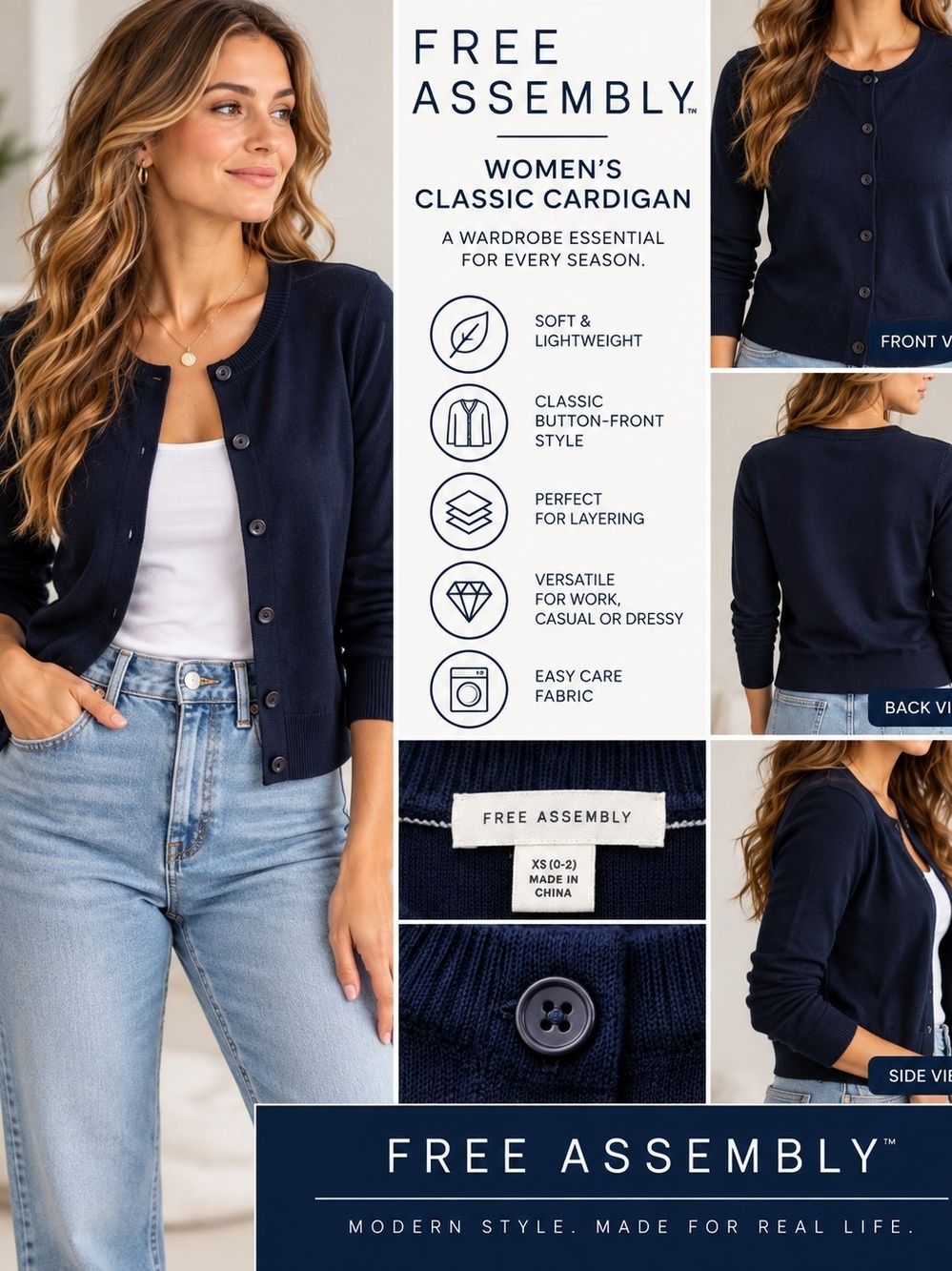 Free Assembly Women’s Navy Classic Button-Front Cardigan – XS (0–2) – NWT